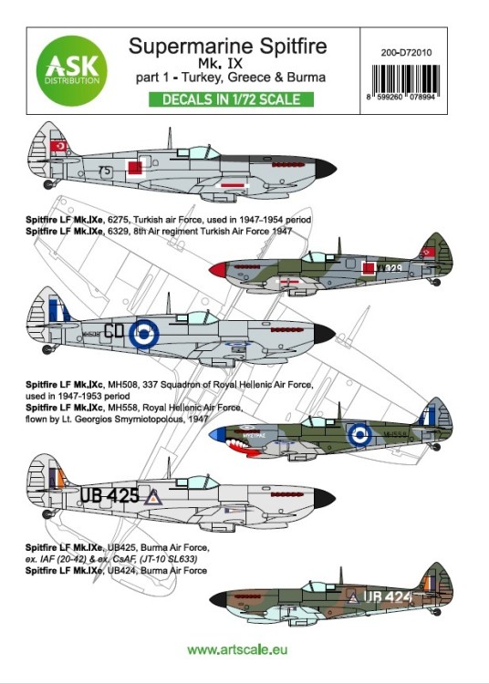 Art Scale 200-D72010 Supermarine Spitfire Mk.IXe Part 1 - Greece, Turkiye, Burma 1/72