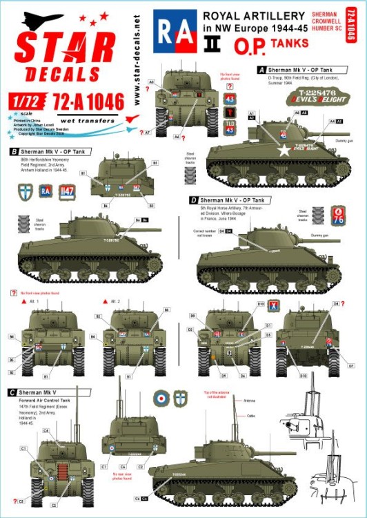 Star Decals 72-A1046 Royal Artillery # 2. British RA in NW Europe. The O.P. tanks.Sherman Mk.V OP, Cromwell Mk.IV OP and Humber Scout Car 1/72
