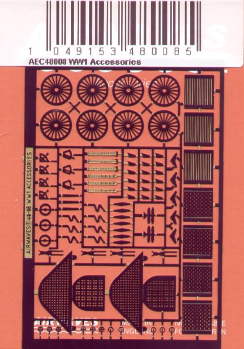 Airwaves (etched) AEC48008 WWI aircraft Accessories. Seats, satbelts, gunsights etc 1/48