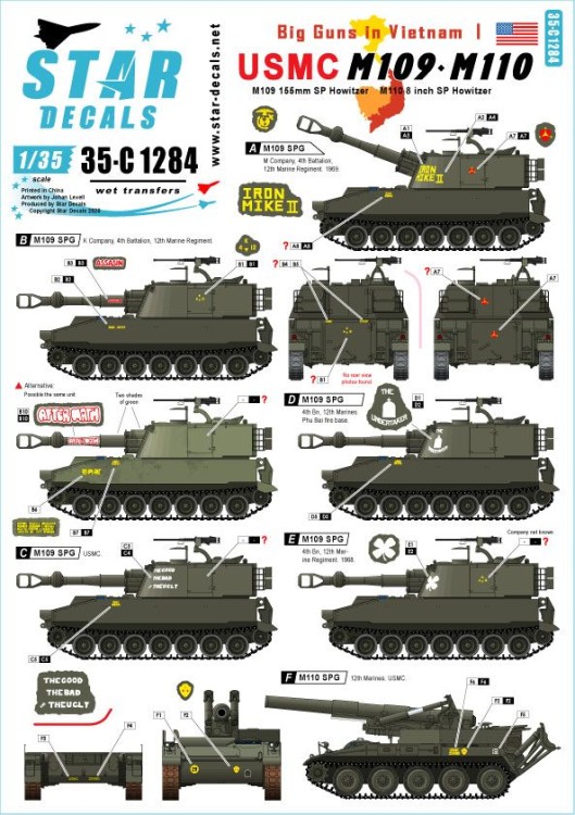 Star Decals 35-C1284 Big Guns in Vietnam # 1. USMC M109 155mm SP Howitzer and M110 8 inch SP Howitzer 1/35