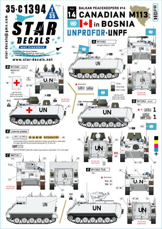 Star Decals 35-C1394 Canadian M113 in Bosnia.Balkan Peacekeepers # 14.M113A2, M113A2 ACAV, M577A1 and M113A2 TUA 1/35