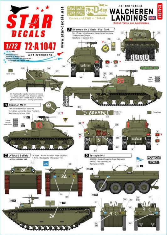 Star Decals 72-A1047 Walcheren Landings. British Tanks and Amphibians participating in the Walcher.n Landings in Holland.Sherman Mk.V Crab Flail Tank, Sherman Mk.V, LVT(A)-2 Buffalo,DUKW, Terrapin Mk.I, M29C Weasel 1/72