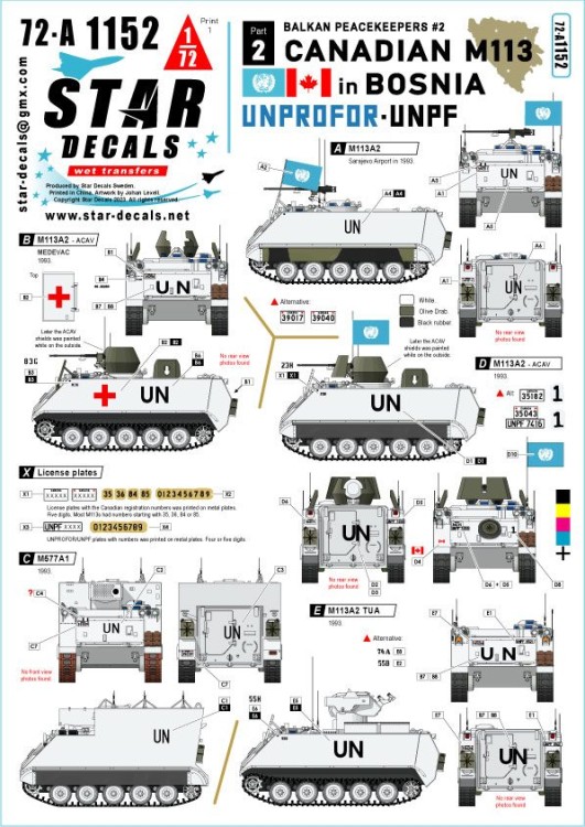 Star Decals 72-A1152 Canadian M113 in Bosnia.Balkan Peacekeepers # 14.M113A2, M113A2 ACAV, M577A1 and M113A2 TUA 1/72