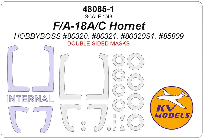 KV Models 48085-1 F/A-18A/C Hornet (HOBBYBOSS #80320, #80321, #80320S1, #85809) - (двусторонние маски) + маски на диски и колеса US 1/48