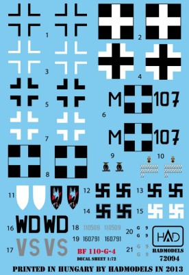 HAD 72094 Decal Bf 110 G-4 (HU M+107, + Luftwaffe) 1/72
