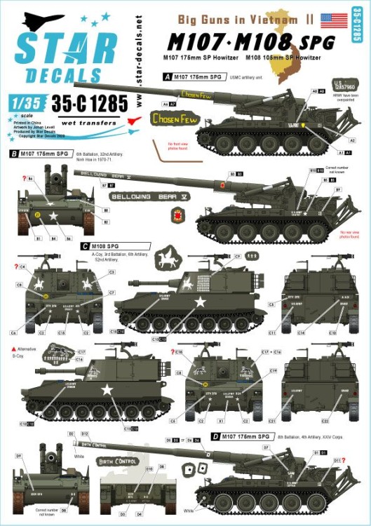 Star Decals 35-C1285 Big Guns in Vietnam # 2. US Army and Marine Corps M107 175mm SP Howitzer and M108 105mm inch SP Howitzer 1/35