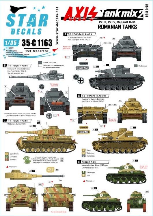 Star Decals 35-C1163 Axis Tank Mix # 2. Romanian tanks. Romanian tanks in WW2. Pz.Kpfw.III Ausf.N, PzIV Ausf.G / H / J, Renault R-35 1/35