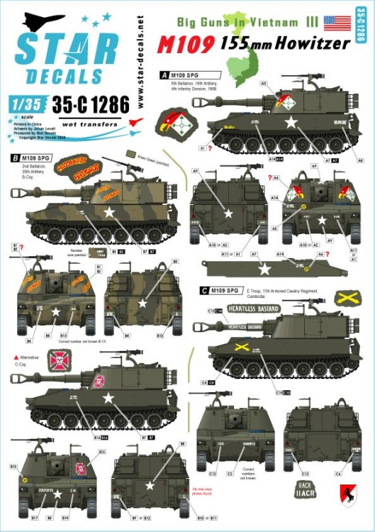 Star Decals 35-C1286 Big Guns in Vietnam # 3. US Army M109 155mm SP Howitzers in Vietnam and Cambodia 1/35