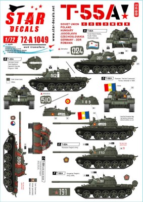 Star Decals 72-A1049 Soviet T-55A Cold War. Soviet (Army and Naval Infantry), Poland, Hungary, Yugoslavia, Czechoslovakia, Germany-DDR and Romania 1/72