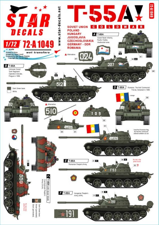 Star Decals 72-A1049 Soviet T-55A Cold War. Soviet (Army and Naval Infantry), Poland, Hungary, Yugoslavia, Czechoslovakia, Germany-DDR and Romania 1/72