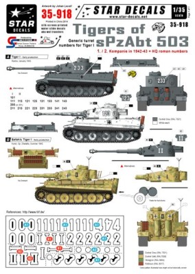Star Decals STAR35918 Pz.Kpfw.VI Tigers of sPzAbt 503 #1. Generic turret numbers for Early Pz.Kpfw.VI Tiger I. 1. and 2. Kompanie winter 1942-43. Plus roman numbers for Staff tanks 1942-43 1/35