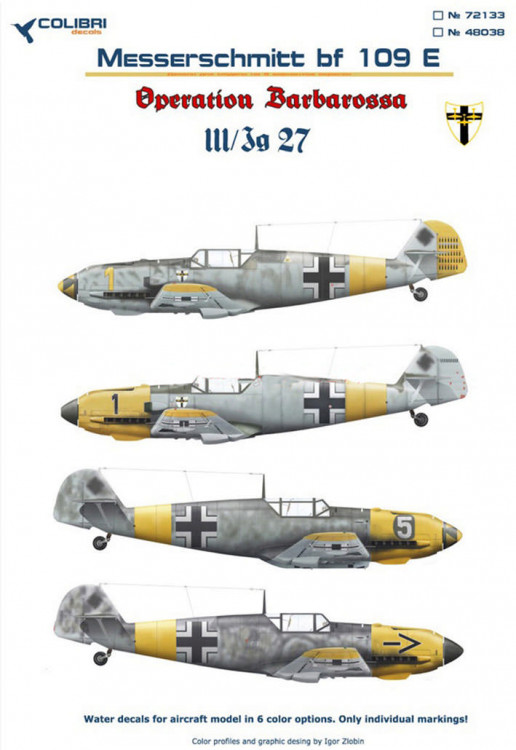 Colibri decals 72133 Bf-109 E III/JG 27 (Operation Barbarossa) 1/72