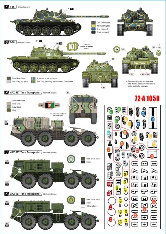 Star Decals 72-A1050 War in Afghanistan # 1. Soviet T-54B, T-55, T-55A, T-55AM and MAZ-537 Tank Transporter.Northern Alliance and Taliban markings 1/72