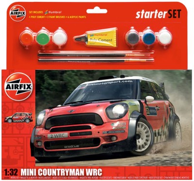 Airfix 55304A Mini Countryman WRC Starter Set includes Acrylic paints, brushes and poly cement 1/32