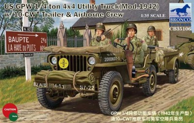 Bronco CB35106 Ford GPW (mod. 1942) w/10 cwt trailer &amp; Airborne crew 1/35