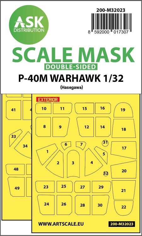 Art Scale 200-M32023 Curtiss P-40M Warhawk canopy frame paint masks (inside & outside) 1/32
