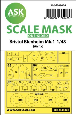 Art Scale 200-M48026 Bristol Blenheim Mk.I wheels and canopy frame paint masks (outside only) 1/48