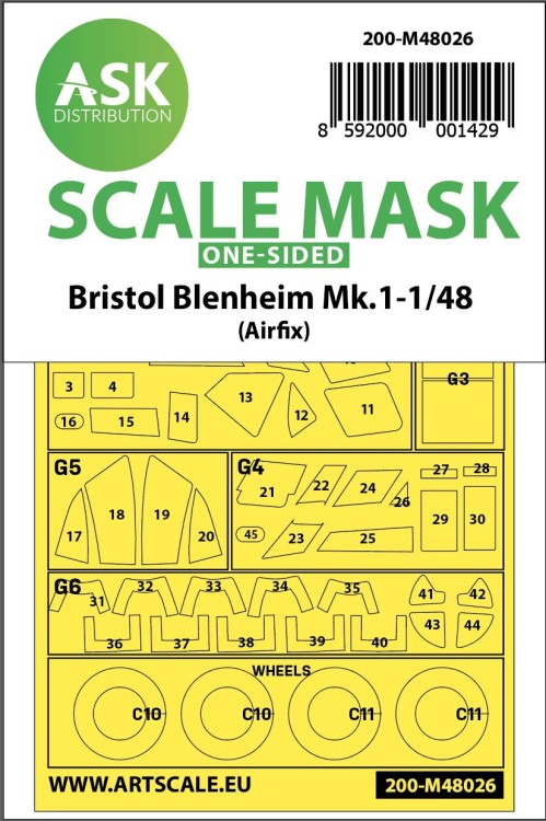 Art Scale 200-M48026 Bristol Blenheim Mk.I wheels and canopy frame paint masks (outside only) 1/48