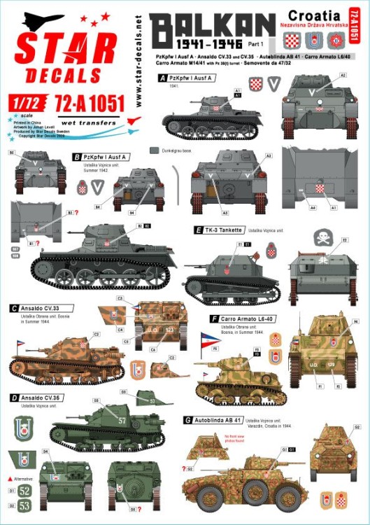 Star Decals 72-A1051 Balkan WW2 # 1. Croatia in WW2. Ustache/Ustacha tanks.Pz.Kpfw.I Ausf.A, Ansaldo CV.33 and CV.35, Autoblinda AB 41, TK-3,Carro Armato L6/40, Carro Armato M14/41 with Pz.Kpfw 38(t) turret, Semovente de 47/32 1/72