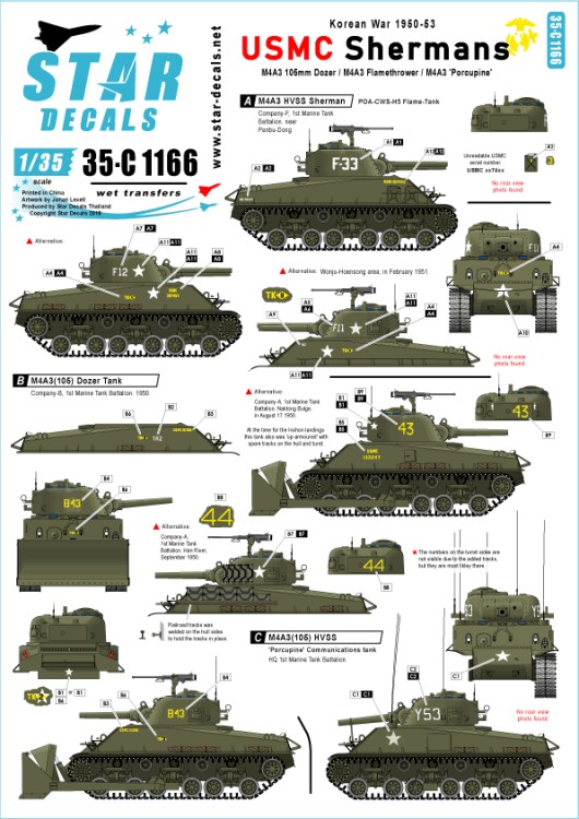 Star Decals 35-C1166 USMC Shermans - Korean War 1950-53. M4A3 Sherman 105mm Dozer tank, M4A3 Flame tank, M4A3 'Porcupine' Communications tank 1/35
