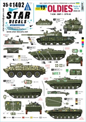 Star Decals 35-C1402 War in Ukraine # 13Ukrainian Oldies. Tanks and AFVs 2022-23. T-62M (obr 2022), T-62M, BTR-60BP, BMP-1P 1/35