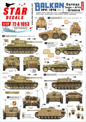 Star Decals 72-A1053 Balkan WW2 # 3. German tanks and AFVs in Greece after 1941. Including Sturm-Division 'Rhodos'.Pz.Kpfw.IV Ausf.G, Sd.Kfz.250/1, Sturmgeschutz/StuG.III Ausf.F, Sturmgeschutz/StuG.III F/8, Sturmgeschutz/StuG.III Ausf.G, StuH 42, Kubelwag