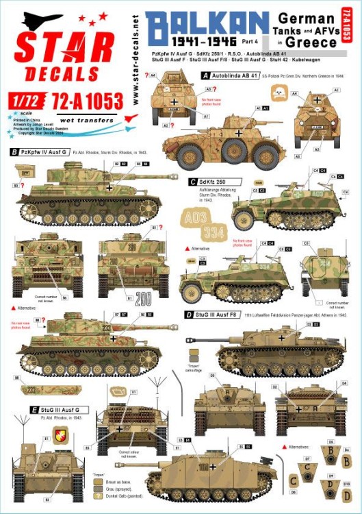 Star Decals 72-A1053 Balkan WW2 # 3. German tanks and AFVs in Greece after 1941. Including Sturm-Division 'Rhodos'.Pz.Kpfw.IV Ausf.G, Sd.Kfz.250/1, Sturmgeschutz/StuG.III Ausf.F, Sturmgeschutz/StuG.III F/8, Sturmgeschutz/StuG.III Ausf.G, StuH 42, Kubelwag
