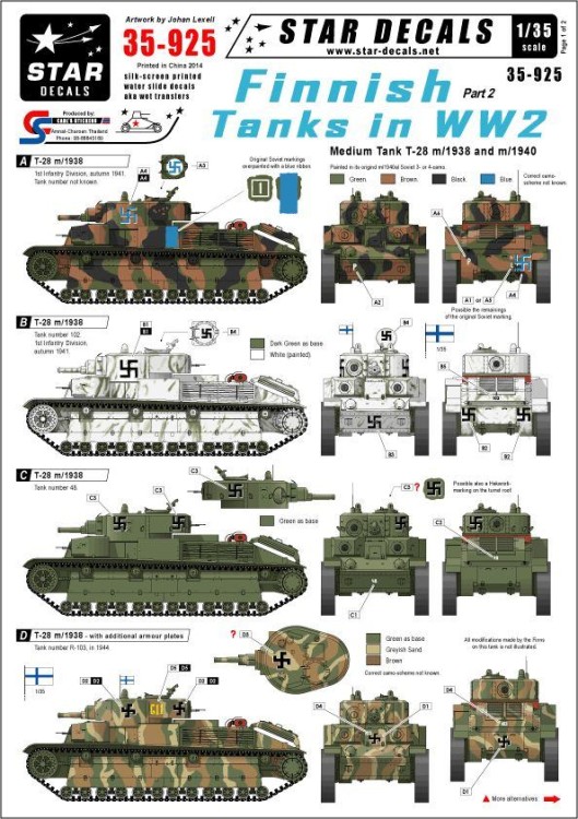 Star Decals STAR35925 Finnish Tanks in WWII #2. Medium tank Soviet T-28 1/35