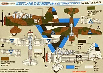 Kora Model DEC3243 Decal Westland Lysander Mk.I Estonian Service декали 1/32
