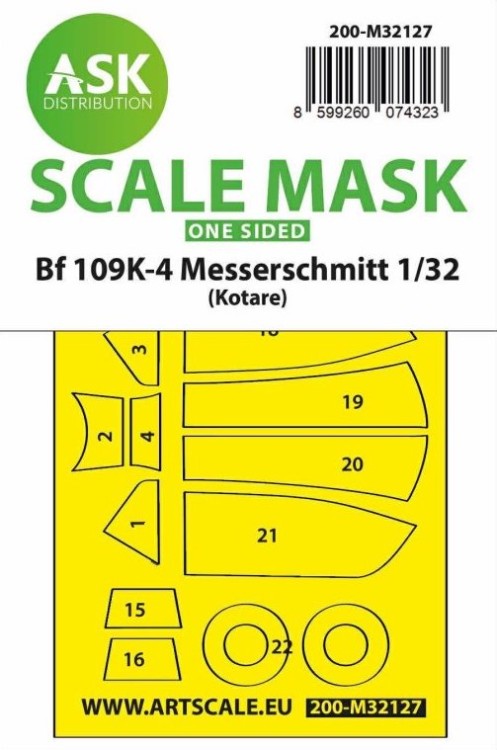 Art Scale 200-M32127 Messerschmitt Bf-109K-4 wheels and canopy frame paint mask (outside only) 1/32