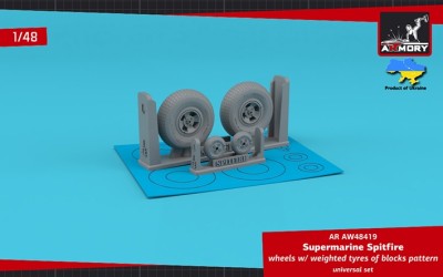 Armory ARAW48419 Supermarine Spitfire wheels with weighted tyres of block pattern &amp; 4-spoke hubs 3D-Printed set 1/48