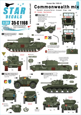 Star Decals 35-C1168 Commonwealth mix - Korean War 1950-53. Churchill Crocodile, Universal Carrier, Cromwell VII, Dingo SC and Jeep 1/35
