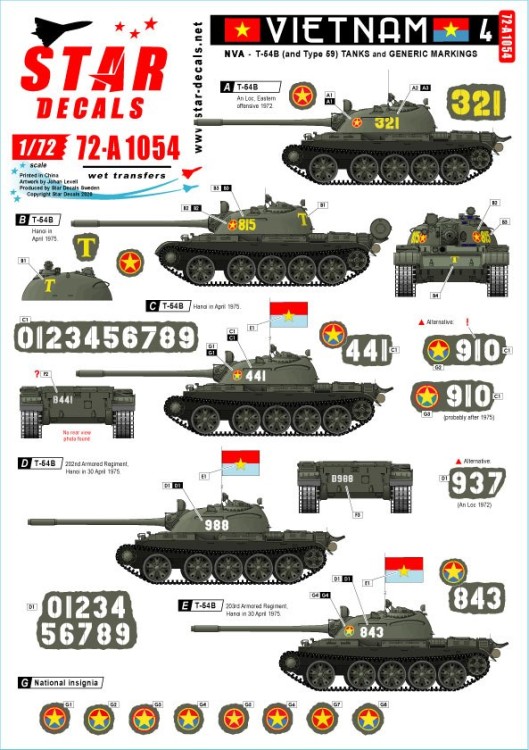 Star Decals 72-A1054 Vietnam # 4. NVA North Vietnamese T-54B markings. (Soviet) 1/72