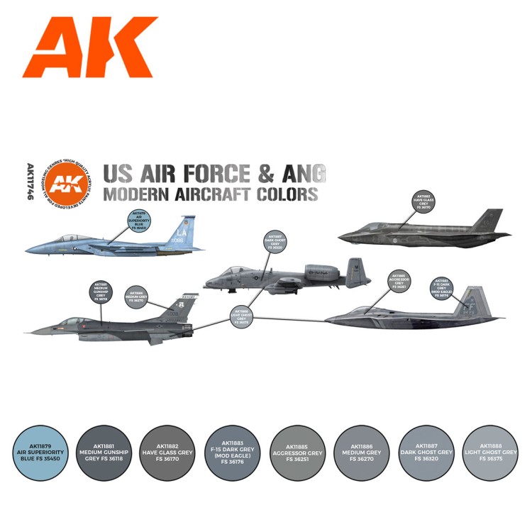 AK Interactive AK-11746 Набор акриловых красок "Цвета ВВС США и современных самолетов"
