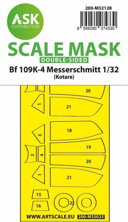 Art Scale 200-M32128 Messerschmitt Bf-109K-4 wheels and canopy frame paint masks (inside & outside) 1/32
