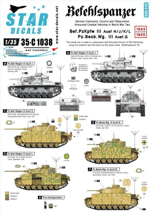 Star Decals 35-C1038 Pz.Bef.Wagen III Ausf.H / J / K / L and Pz.Beob Wg.III Ausf.GBefehlspanzer (3). German Command, Control and Observation Tanks 1/35