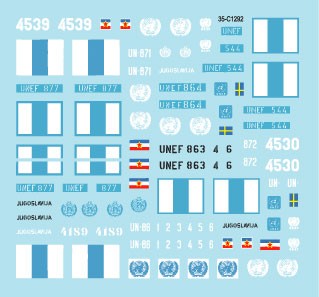 Star Decals 35-C1292 Peacekeepers in the Middle East # 2.UNEF in Suez, Sinai and Gaza. Yugoslavian and Swedish vehicles.M3A1 Shite Scout Car, M8 Greyhound and M37 Dodge 3/4 ton truck 1/35