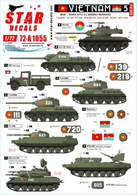 Star Decals 72-A1055 Vietnam # 5. NVA North Vietnamese Tanks and AFVs markings.T-34/85M, SU-100, BTR-50P (AA), PT-76B, ZSU-23-4M SPAAG,M41A3 Walker Bulldog, M37 truck. (Soviet) 1/72