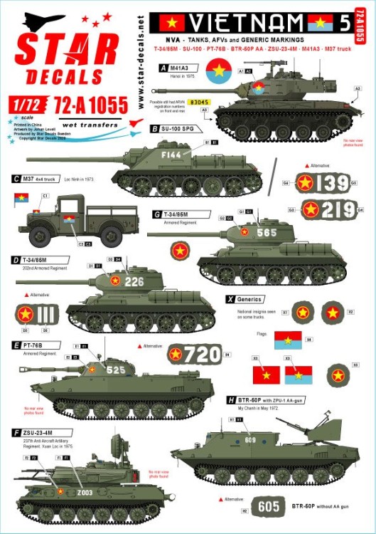 Star Decals 72-A1055 Vietnam # 5. NVA North Vietnamese Tanks and AFVs markings.T-34/85M, SU-100, BTR-50P (AA), PT-76B, ZSU-23-4M SPAAG,M41A3 Walker Bulldog, M37 truck. (Soviet) 1/72