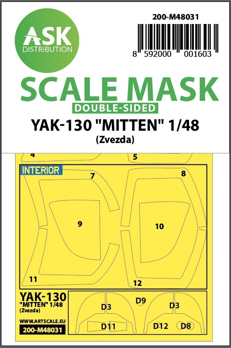 Art Scale 200-M48031 Yakovlev Yak-130 "Mitten" canopy frame paint masks (inside and outside) 1/48
