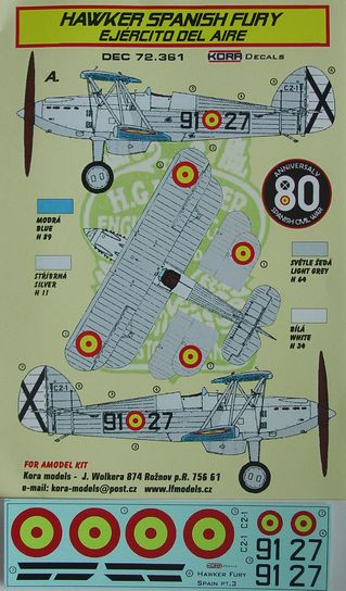 Kora Model DEC72361 Hawker Spanish Fury(Ejercito Del Aire) декали декали 1/72
