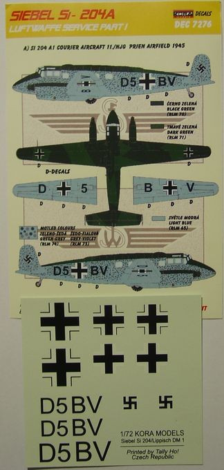 Kora Model DEC7276 Siebel Si-204A (Luftwaffe) Part I. декали декали 1/72