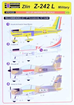 Kovozavody Prostejov EX020 Decals Zlin Z-242 L 'Military' (4x camo) 1/72