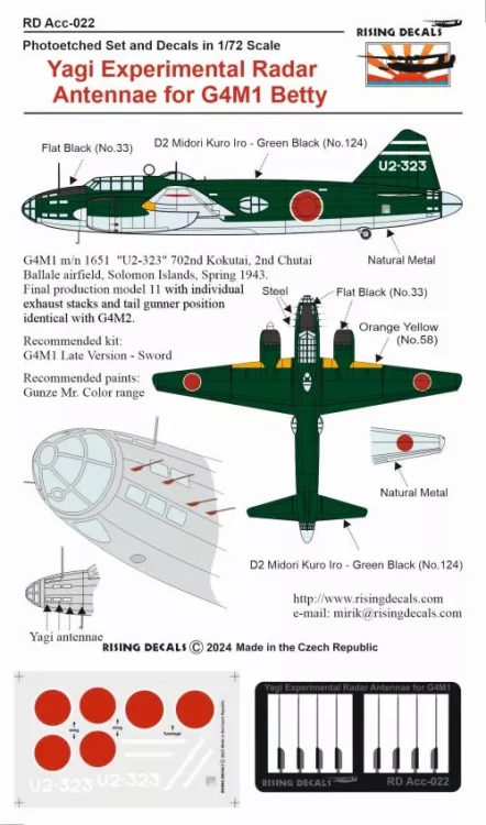 Rising Decals ACC022 Yagi Experiment.Radar Antennae for G4M1 Betty 1/72