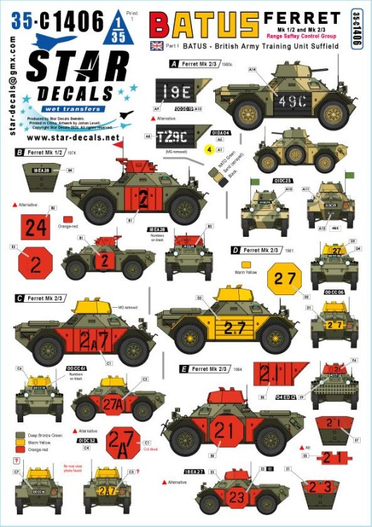Star Decals 35-C1406 BATUS # 1. British Army Training Unit Suffield in Canada.Ferret Scout Car Mk.2 Mk.1/2 and Mk.2/3. Range Safety Control Group 1/35