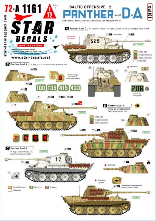 Star Decals 72-A1161 Pz.Kpfw.VI Ausf.D and Ausf.A Panther Baltic Offensive # 2. SS-Nordland, GD and 5. Pz.Div. in 1944-45.Baltic states-Narwa-Courland-Kenigsberg-East Preussia 1/72