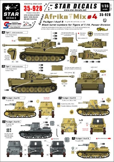 Star Decals STAR35928 German Afrika Mix #4. Pz-Jg 1 B and Black turretnumbers for Pz.Kpfw.VI Tigers 1/35