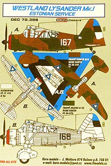 Kora Model DEC72388 Decal Westland Lysander Mk.I Estonian Service декали декали 1/72