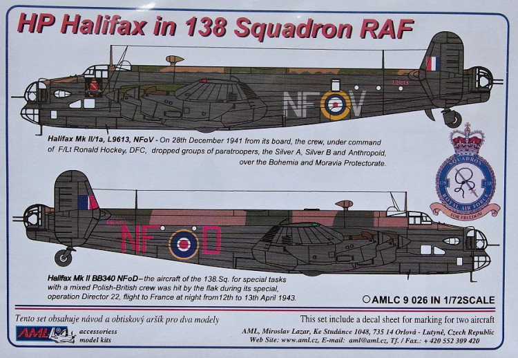 AML AMLC72026 Декали HP Halifax in 138 Squadron RAF 1/72