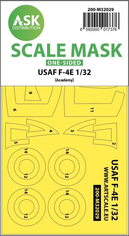 Art Scale 200-M32029 USAF McDonnell F-4E Phantom Viet-Nam war wheels and canopy frame paint masks (outside only) 1/32